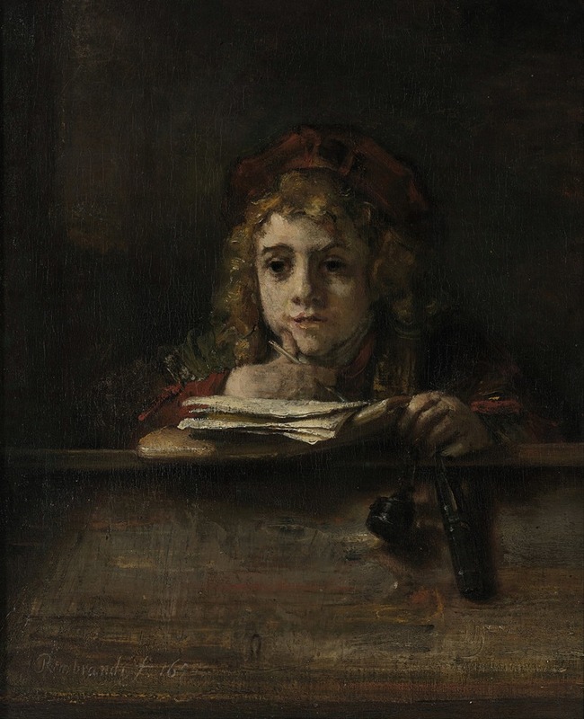 A depiction of Titus at his desk by Rembrandt, showcasing intimate domestic life.