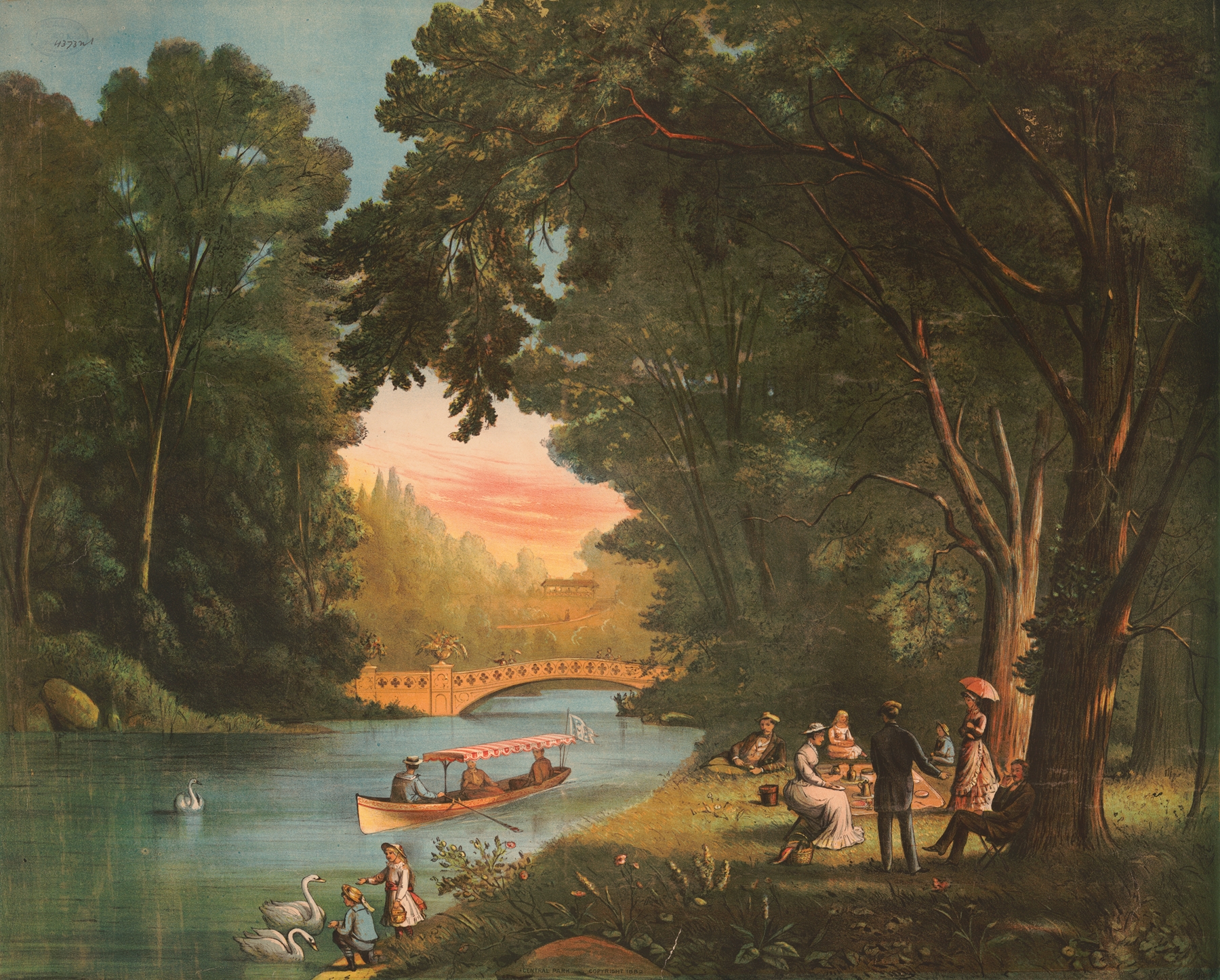 Central Park by Charles Brothers, oil on canvas depicting lush foliage and shimmering water.