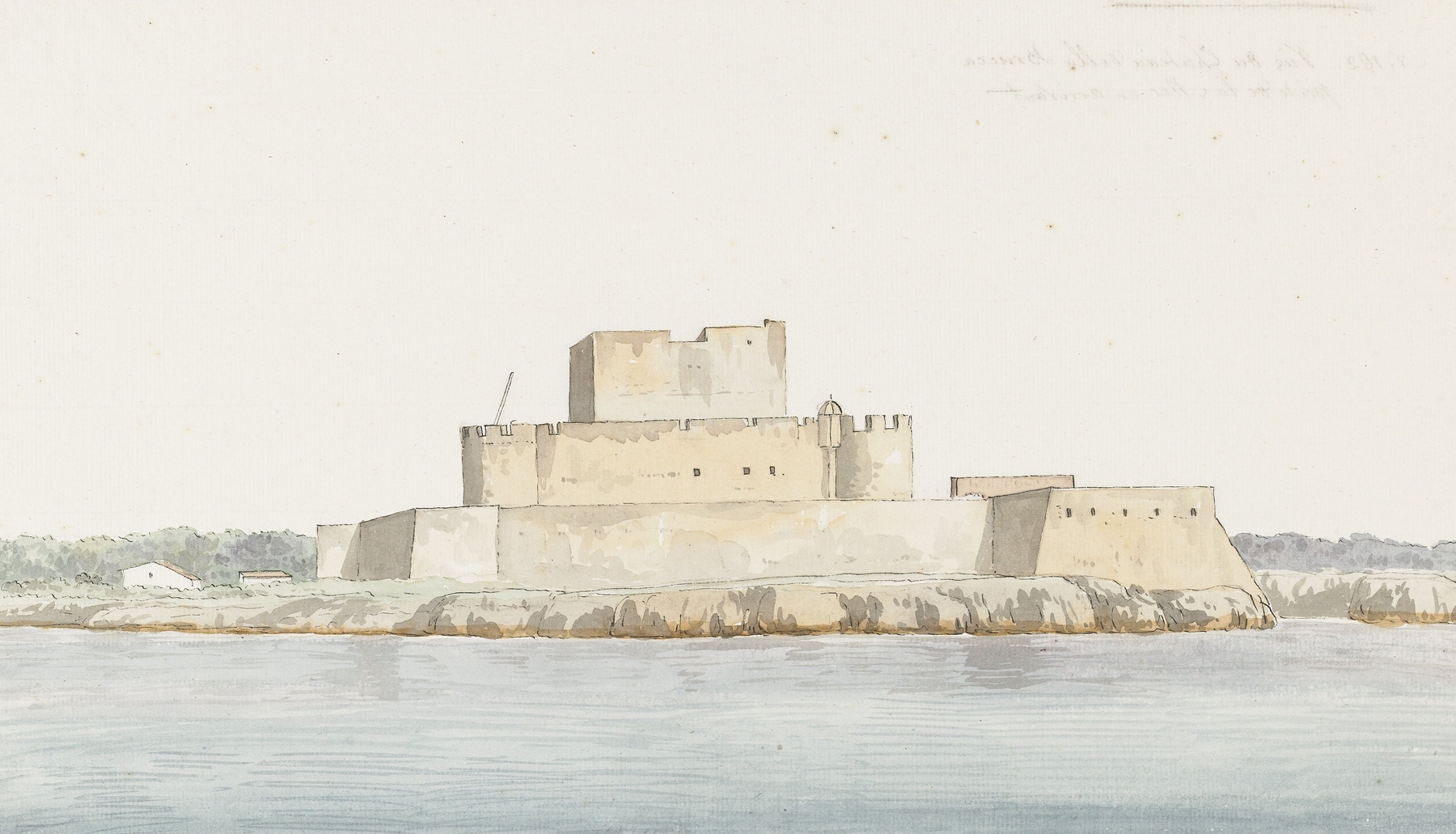 Watercolour by Abraham-Louis-Rodolphe Ducros depicting a castle by the sea.
