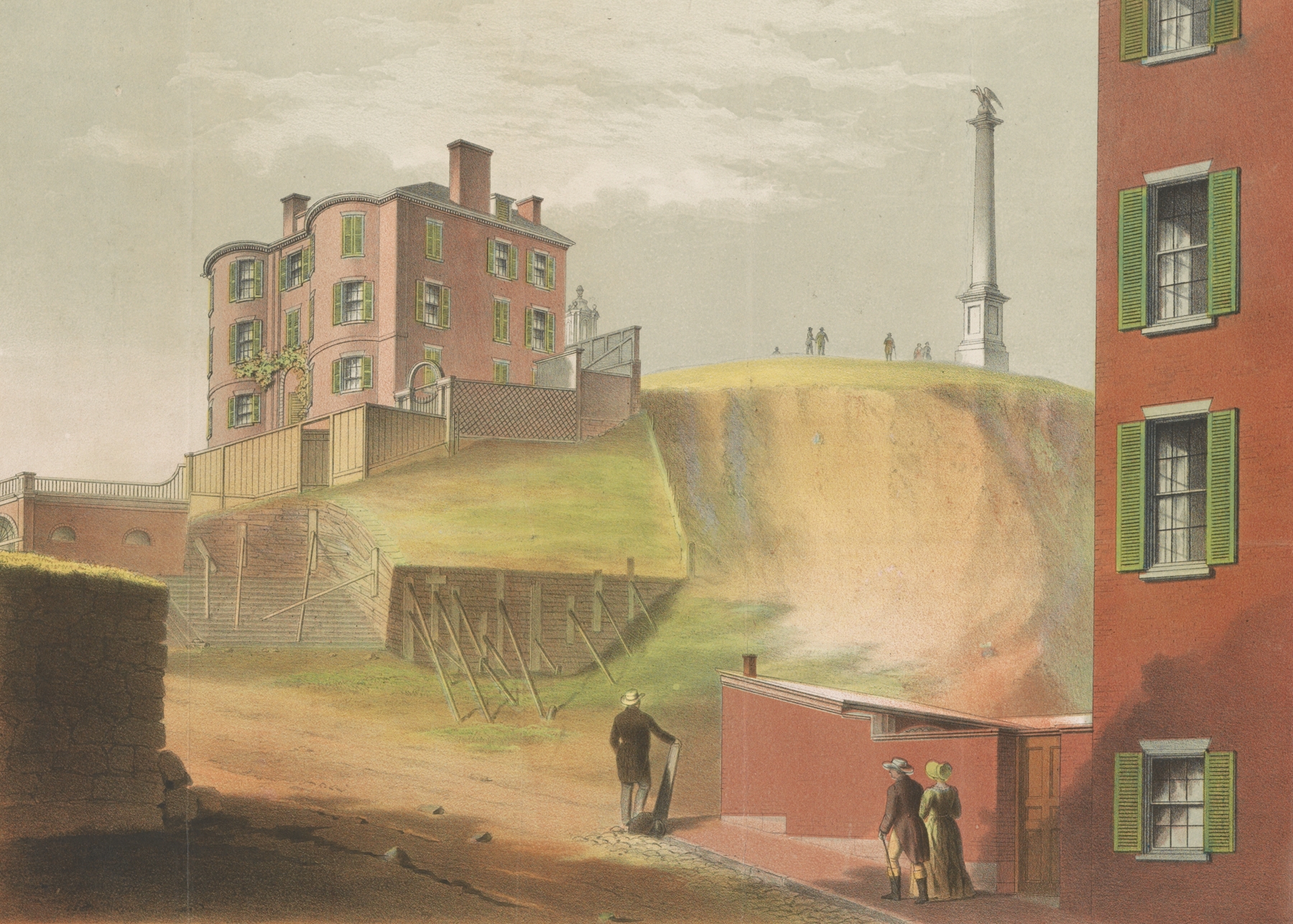 Old Boston. Beacon Hill, with Mr. Thurston’s house, from Bowdoin St., by John Rubens Smith, public domain