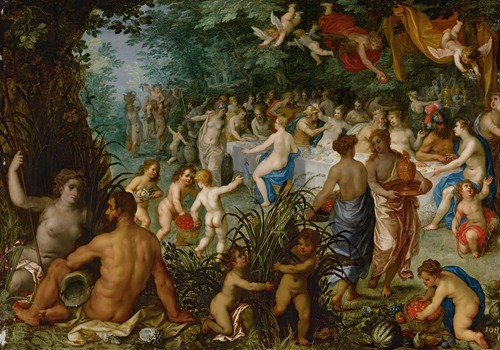 A detailed depiction of the wedding of Peleus and Thetis in a lush landscape.