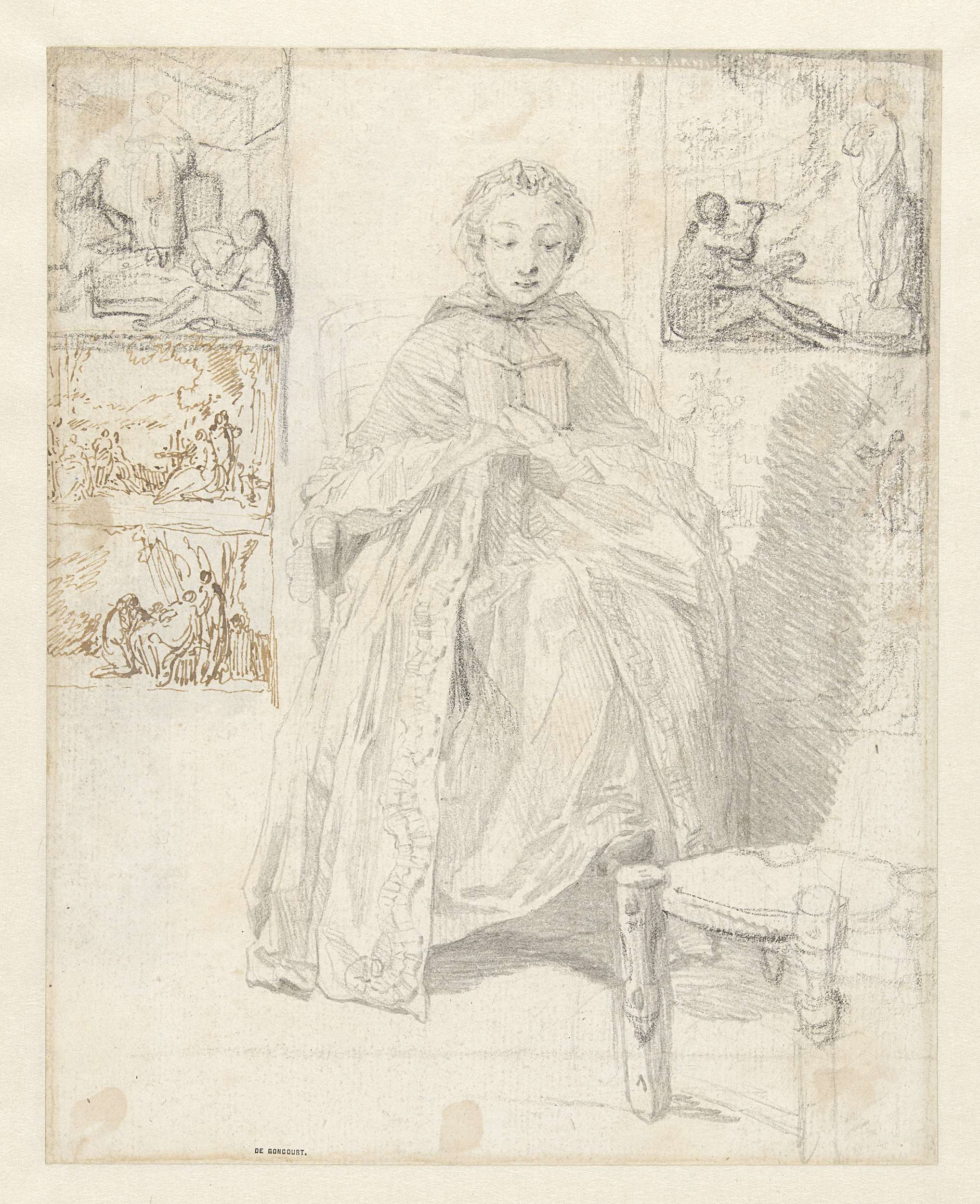 Figurative drawing of a woman reading with sketches by Gabriel Jacques de Saint-Aubin
