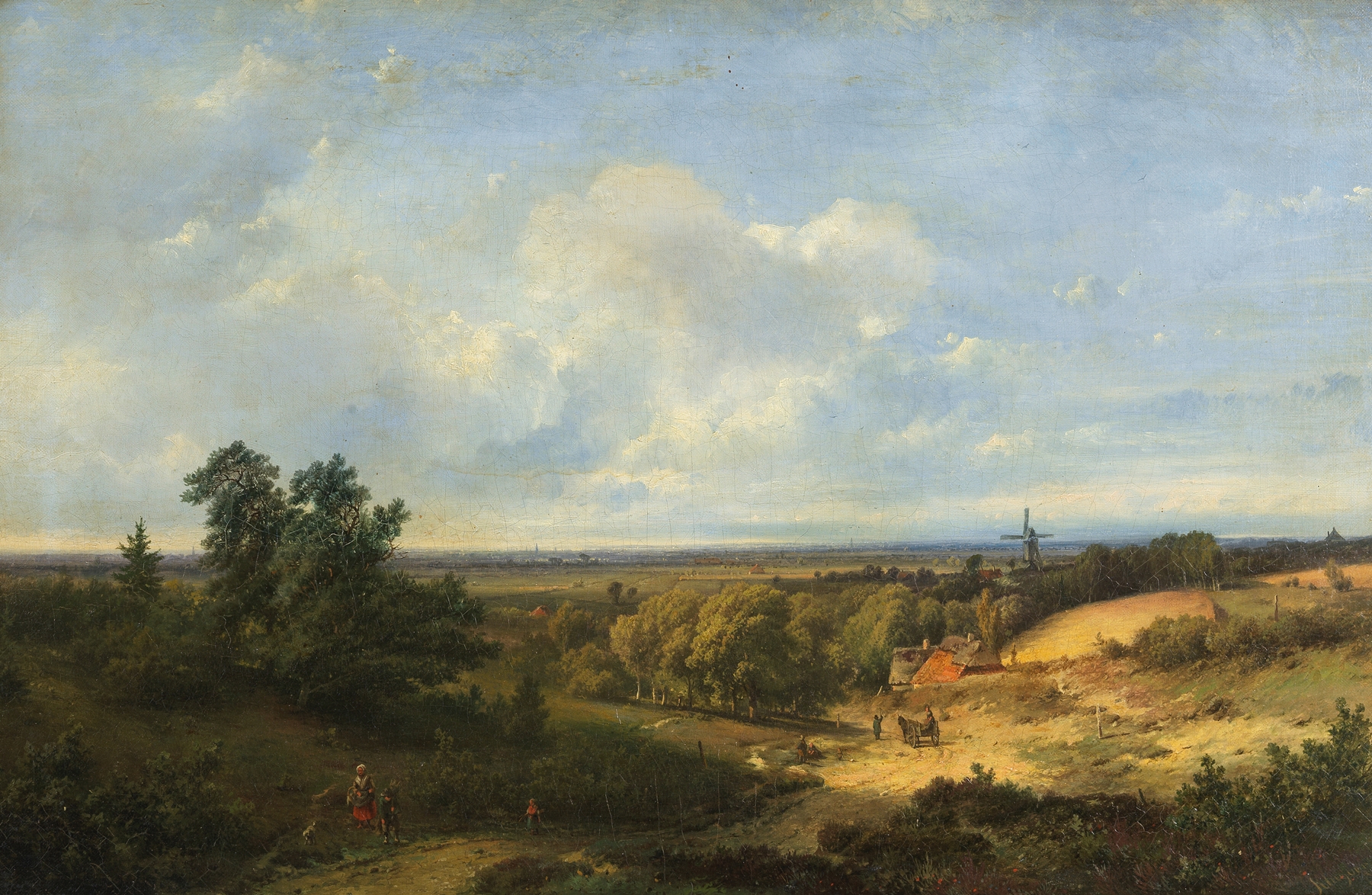 Extensive landscape with a windmill in the distance, oil painting by Pieter Lodewijk Francisco Kluyver