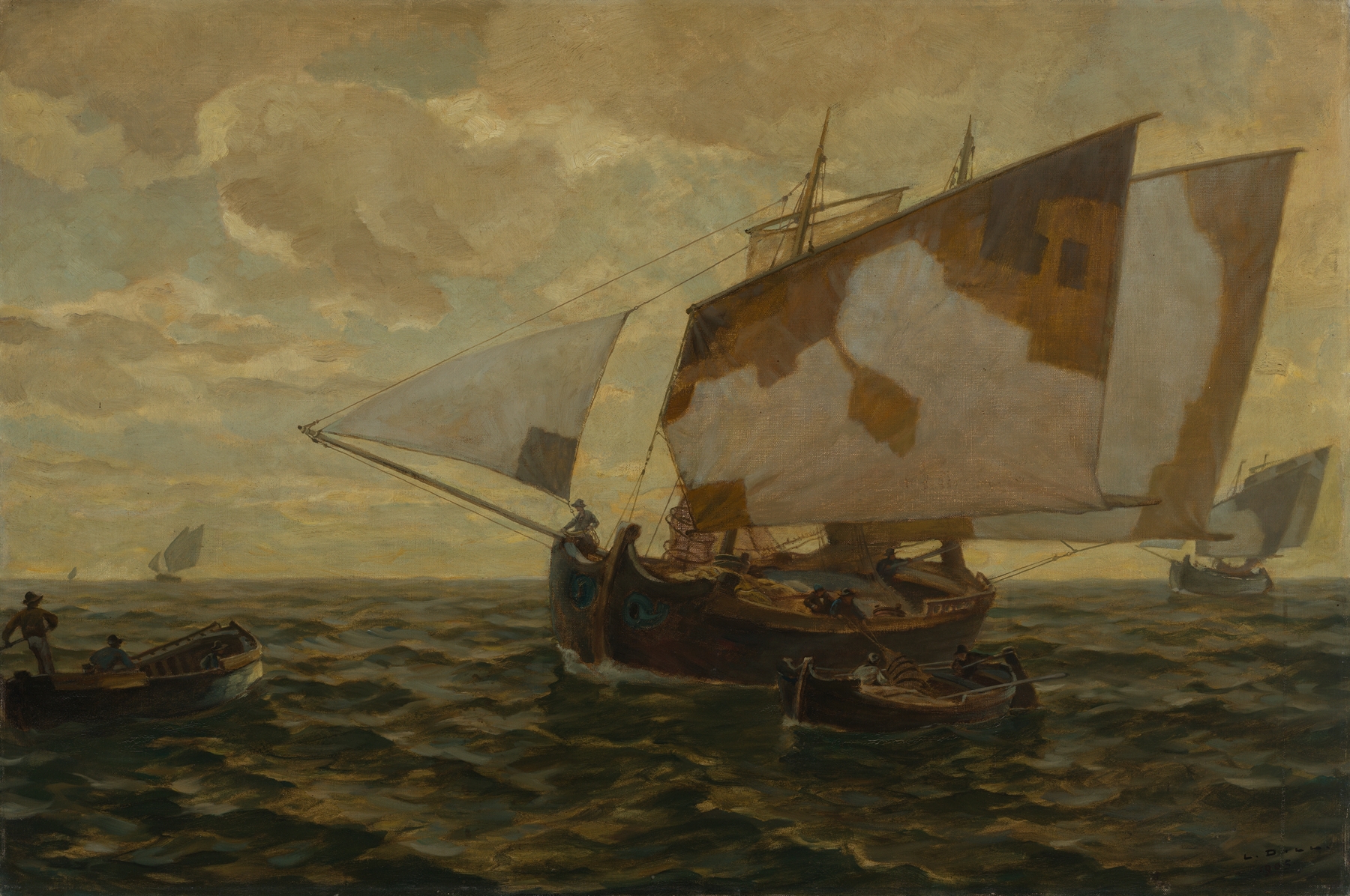 Marine scene with a boat on the sea by Ludwig Dill, oil painting