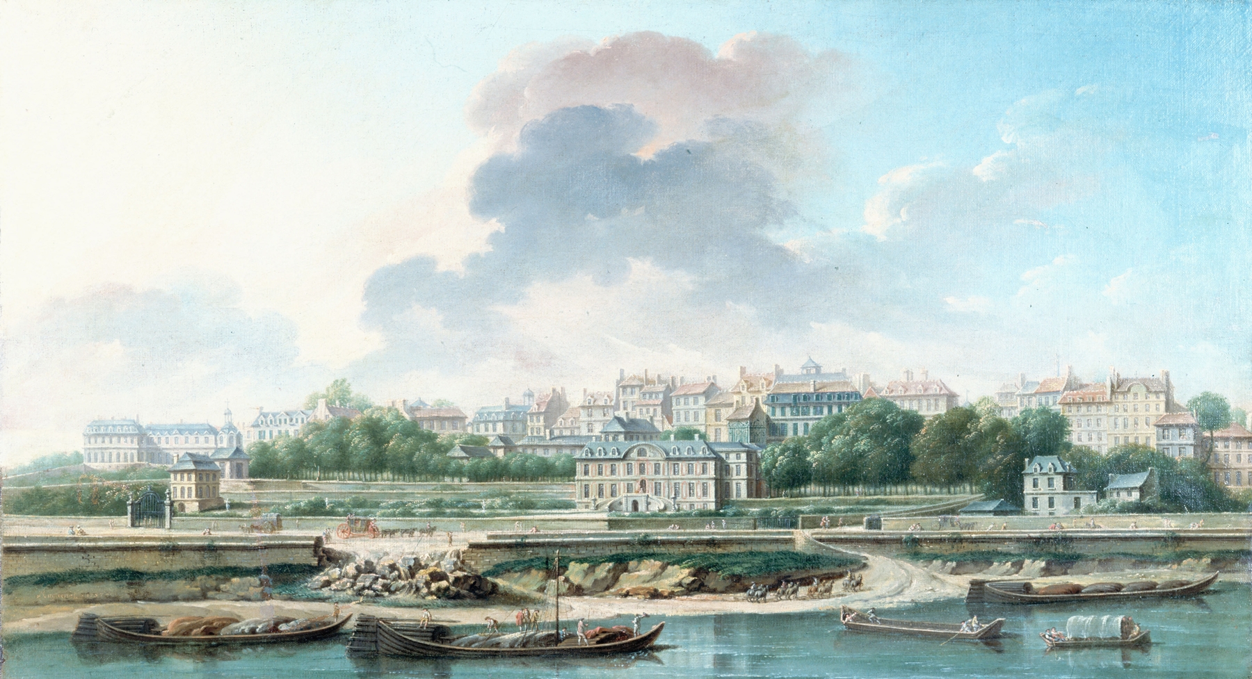 Rococo landscape by Nicolas Jean-Baptiste Raguenet, depicting a village by a river.
