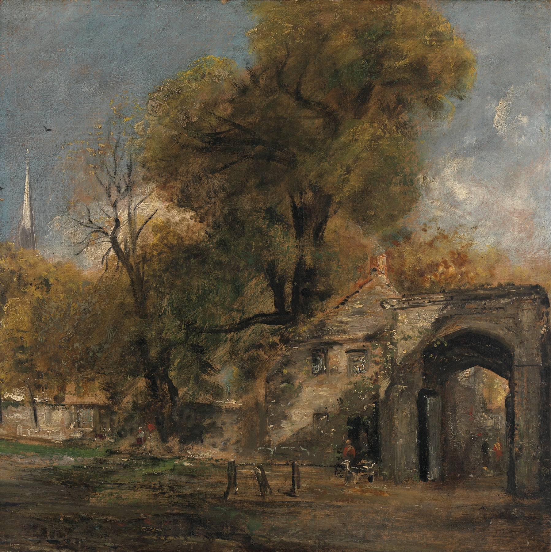 Harnham Gate, Salisbury by John Constable, oil on canvas depicting a serene landscape with trees and a gate.