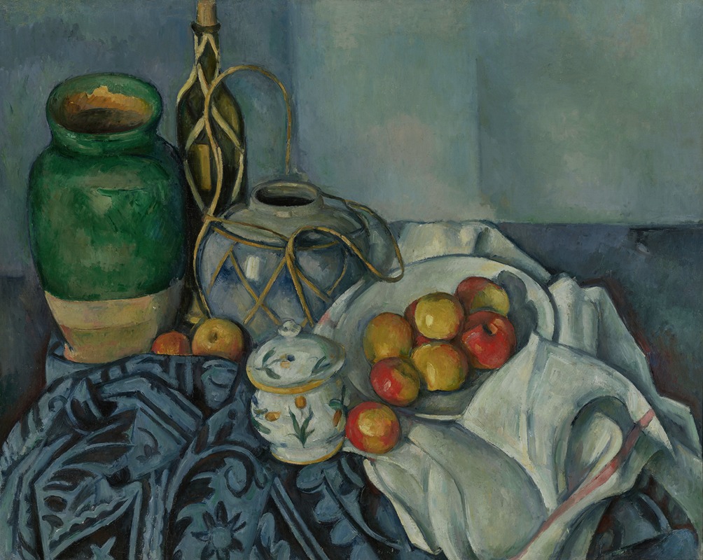 Still Life with Apples by Paul Cézanne features vibrant colors and a unique composition.