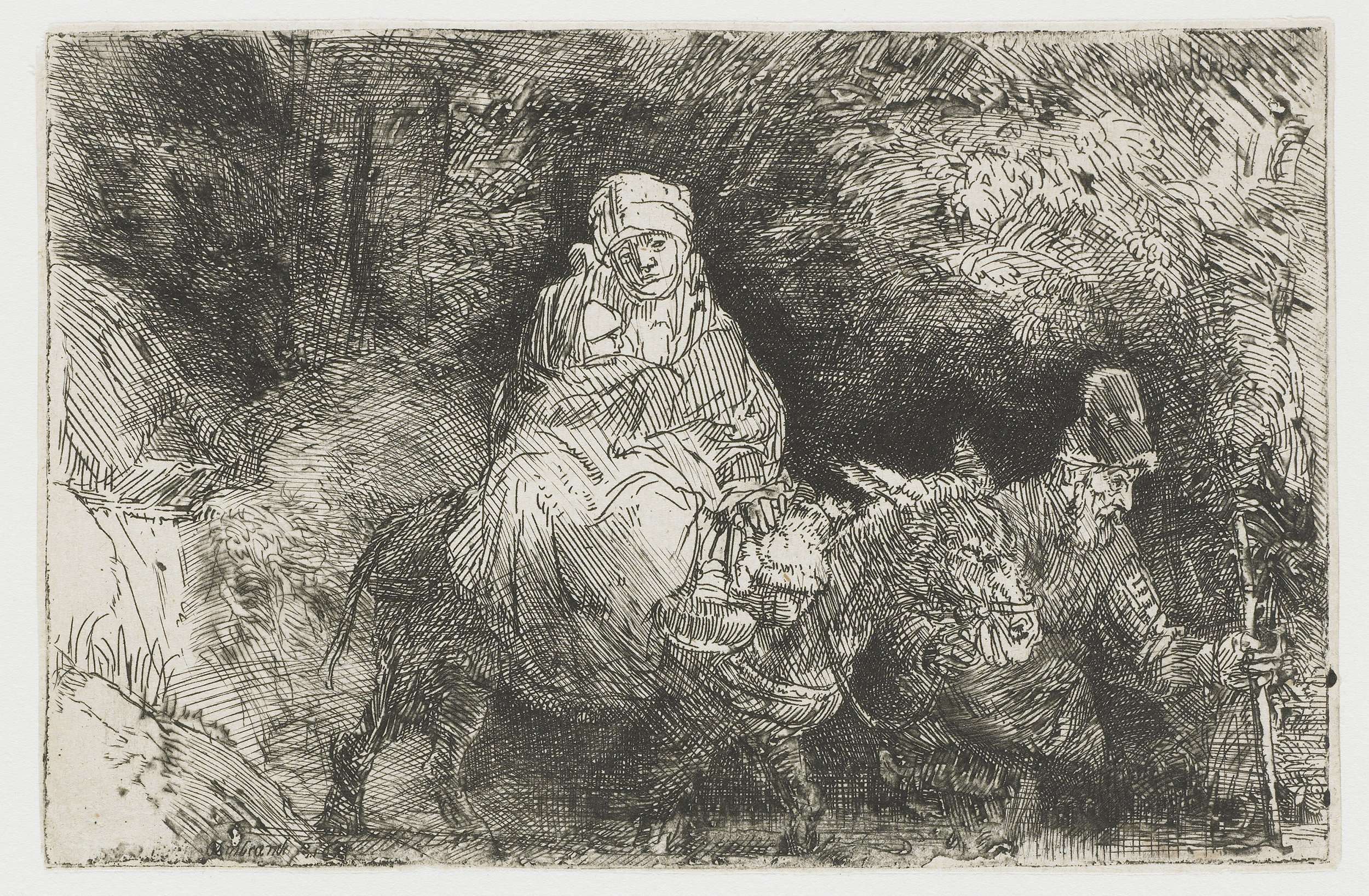 Etching by Rembrandt van Rijn showing Virgin and Child with donkey crossing a ford.