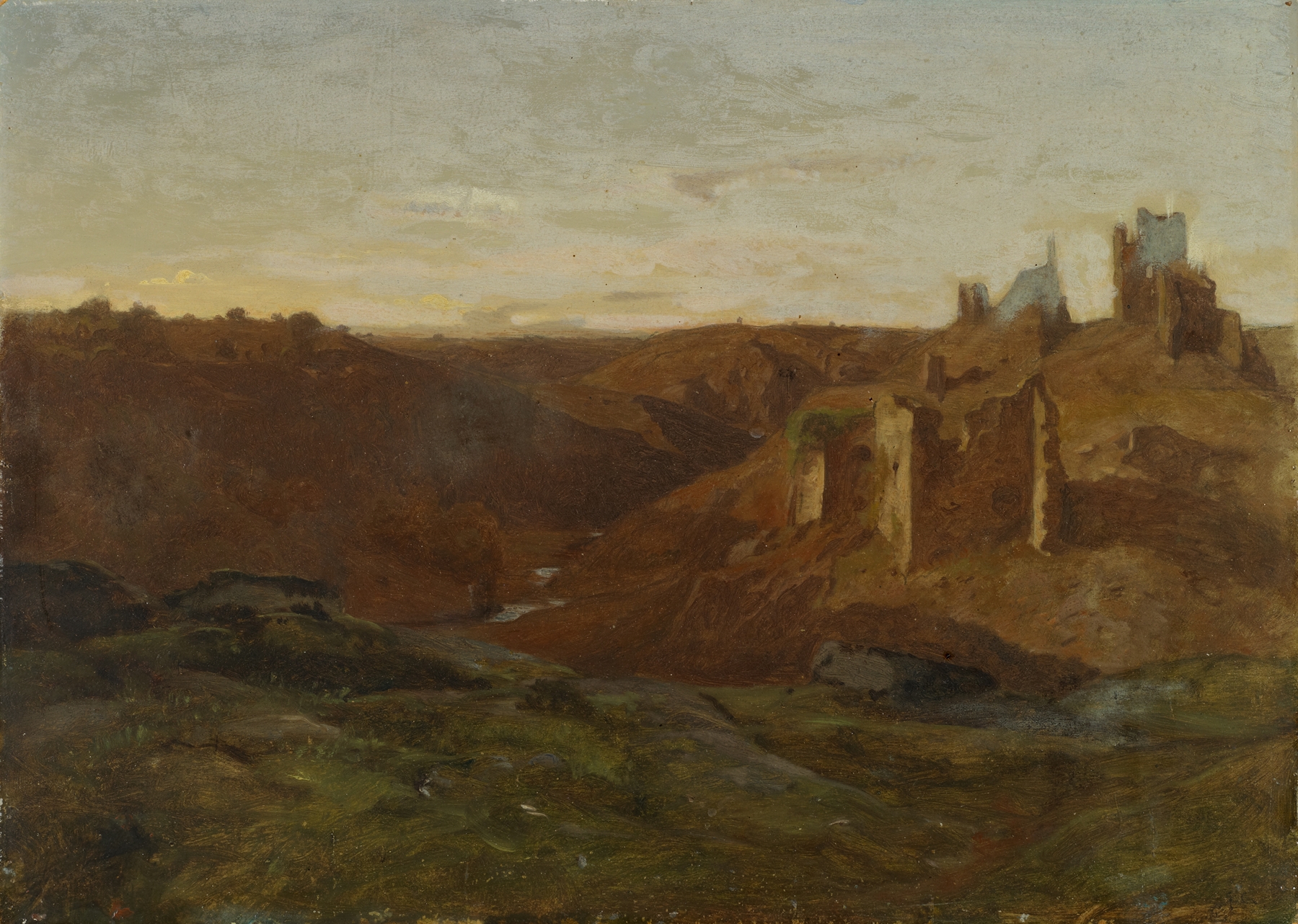 Landscape with Ruins, oil on canvas by Gustave Castan, featuring stone structures and lush greenery.