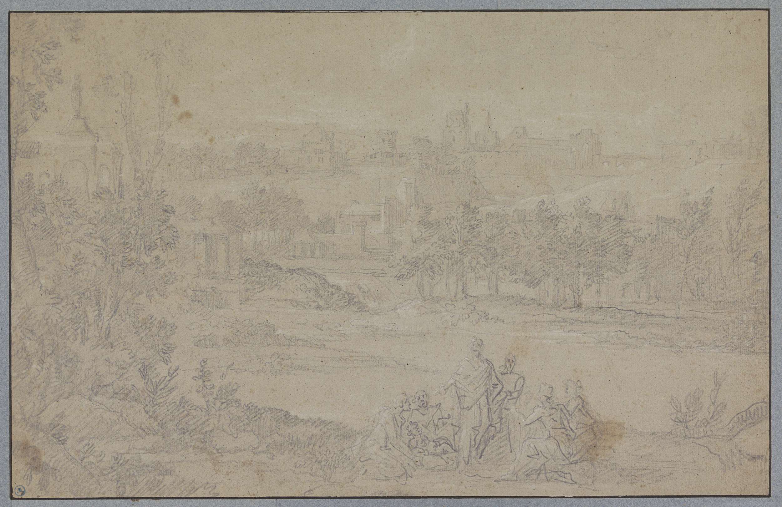 Landscape with figures under trees, paper by Unknown Artist