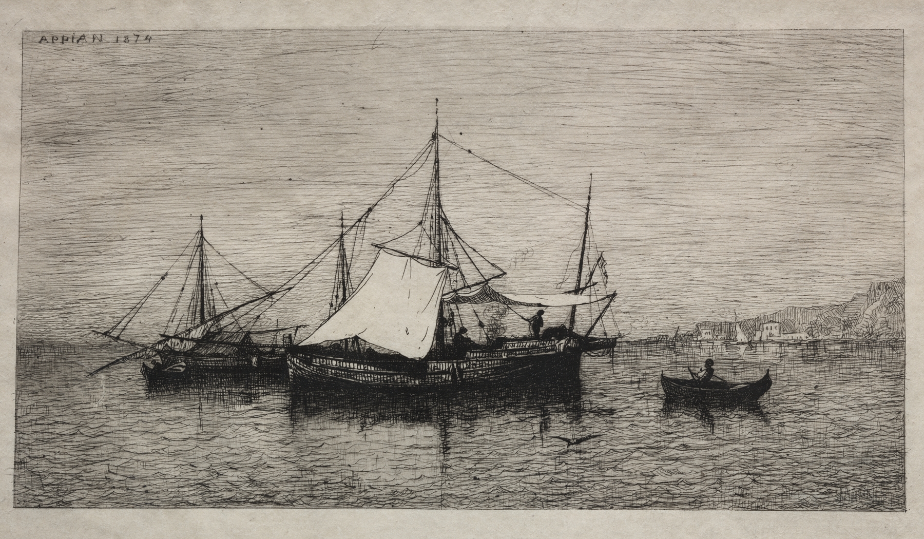 Boats of Cabotage by Adolphe Appian, oil painting depicting boats on water with sunlight.
