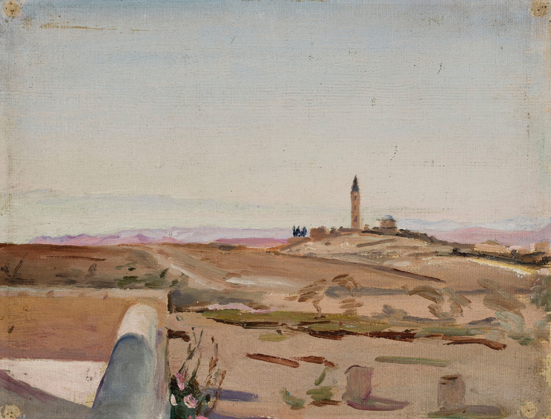Landscape with an adobe doorway and contrasting light, oil painting by Jan Ciągliński, 1901
