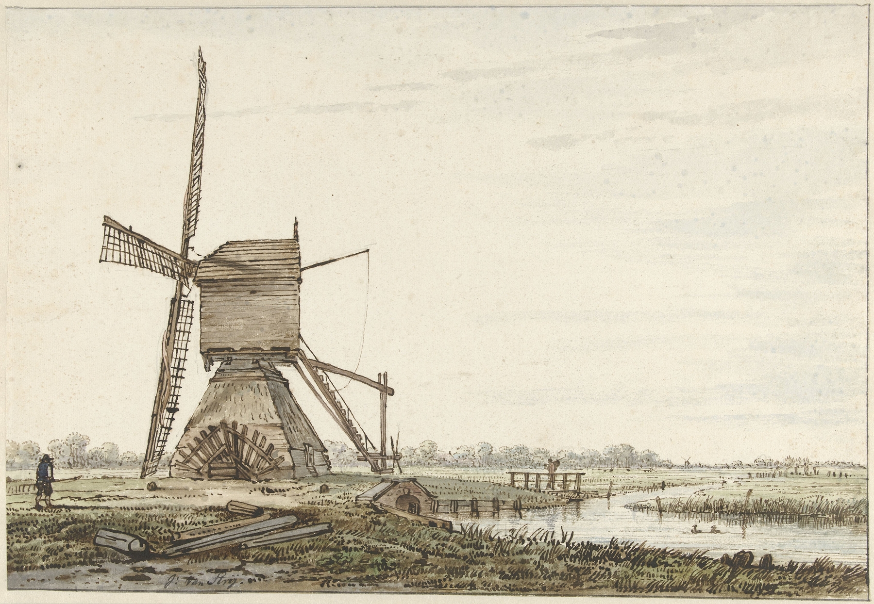 Landschap met poldermolen by Jacob van Strij, oil painting depicting a windmill and lush fields.