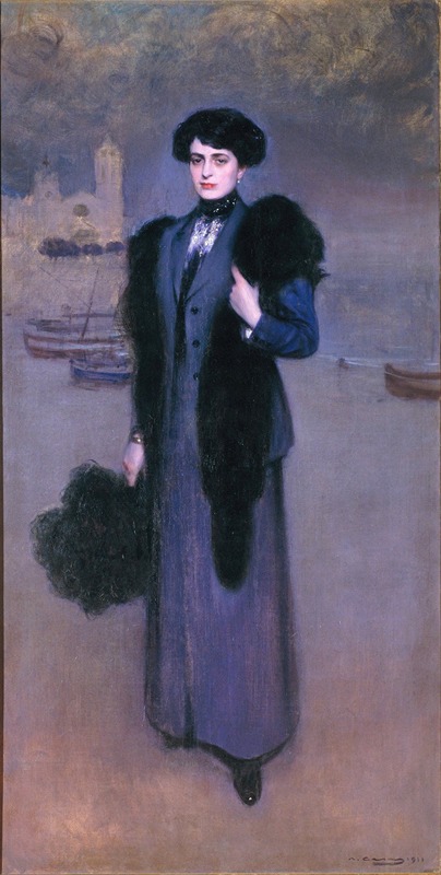 A portrait of Dolors Vidal by Ramón Casas, showcasing a woman in a stylish dress.