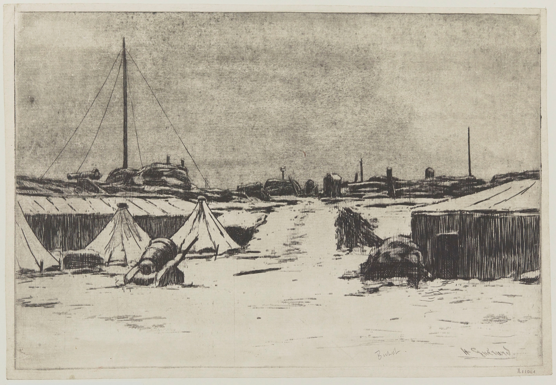 Etching by Henri-Charles Guérard depicting a bastion covered in snow