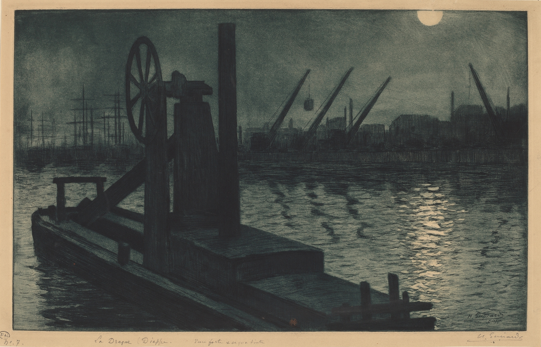 Marine scene featuring a dredger in Dieppe Harbor by moonlight, Henri-Charles Guérard, oil painting