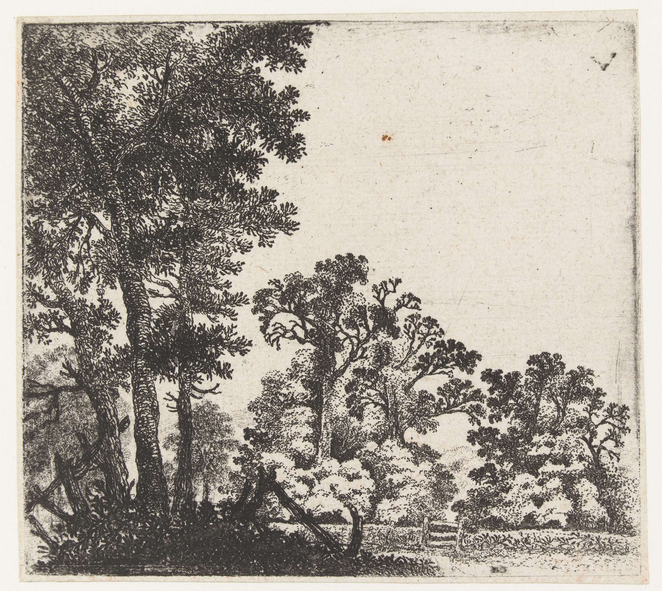 Landschap met gesloten hekje, etching by Jan van Brosterhuyzen depicting a landscape with a closed gate.