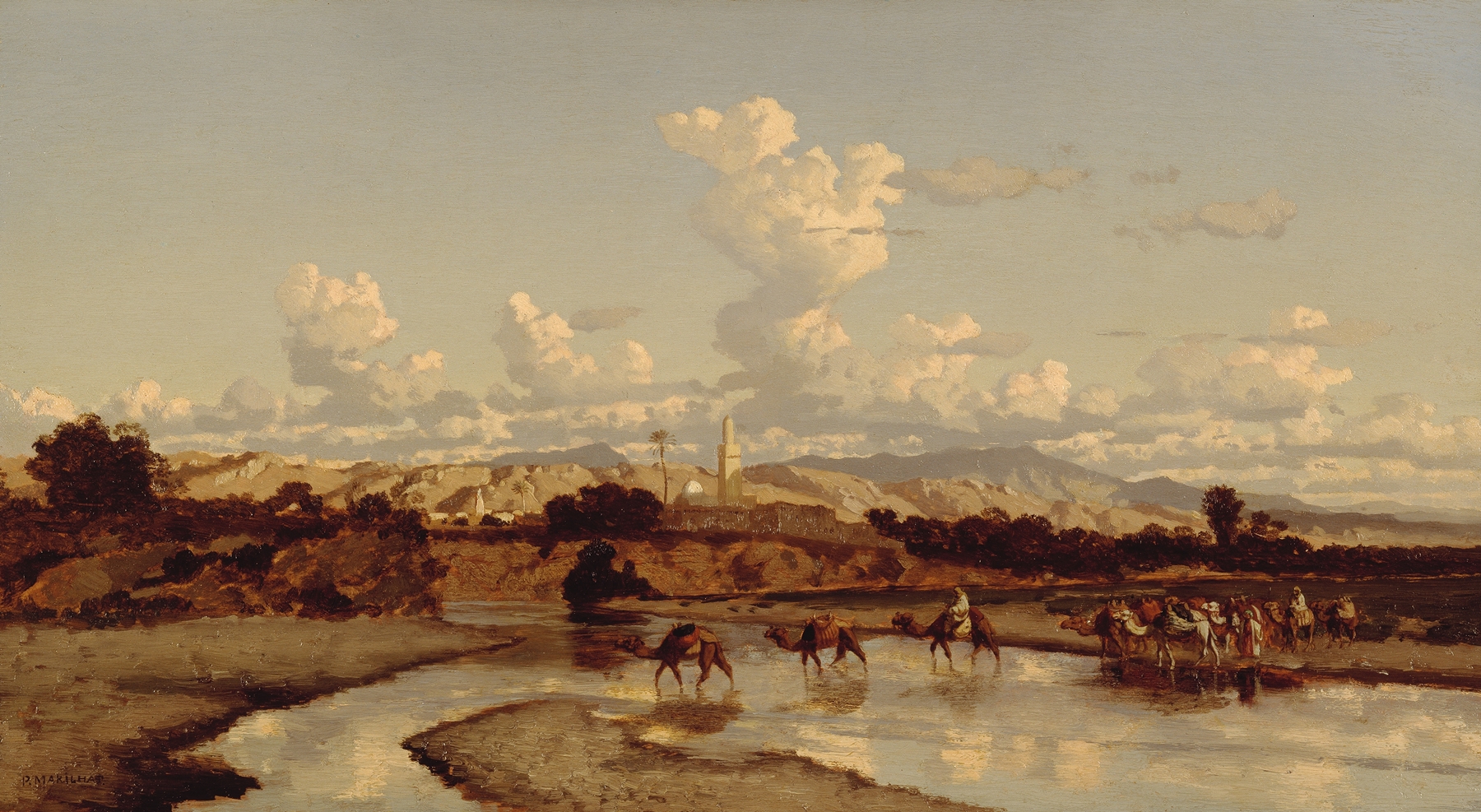 In an oriental landscape a caravan moves through a river, by Prosper Marilhat, public domain