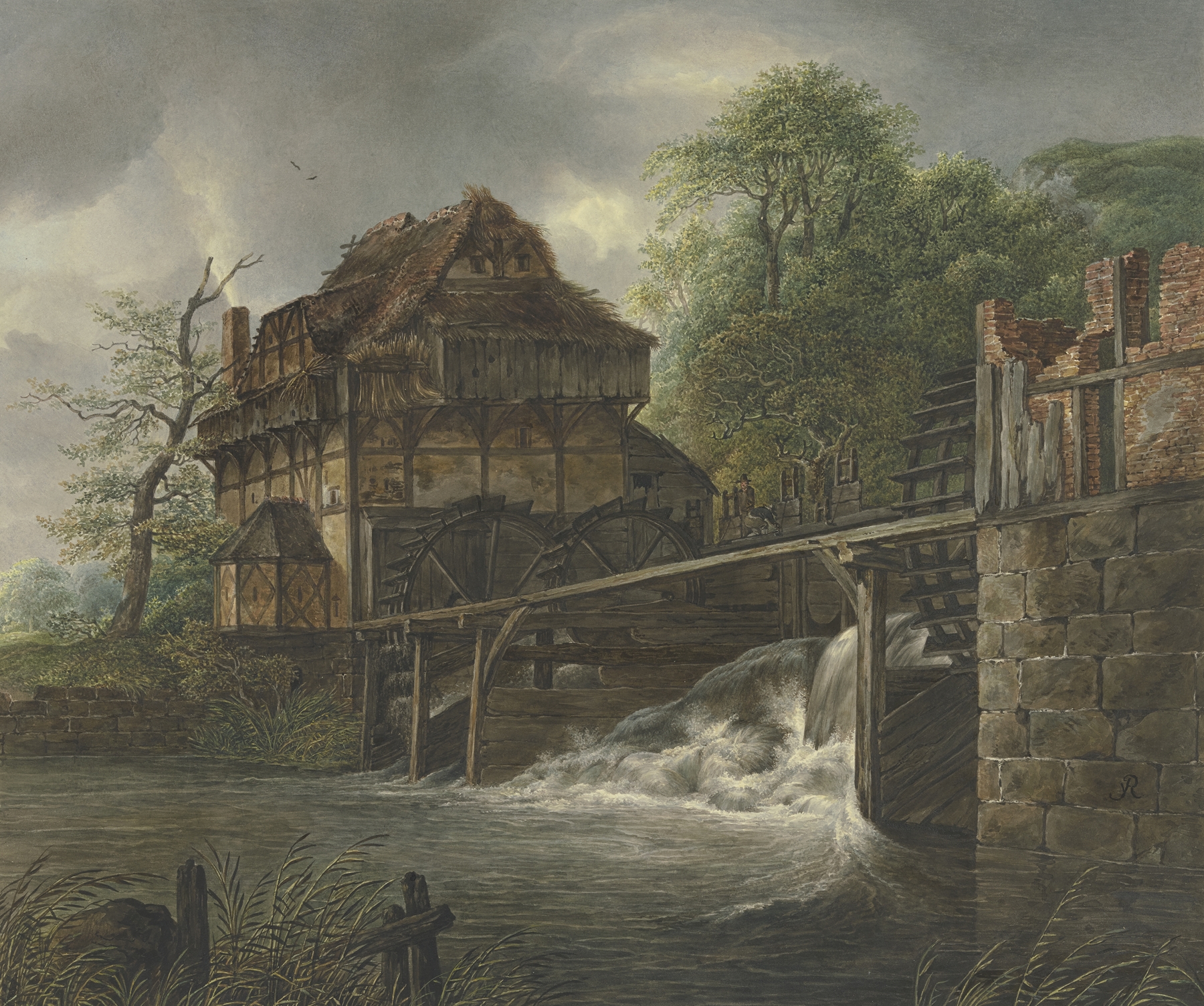 Water mill by Johann Friedrich Morgenstern, oil on canvas depicting a serene landscape with a river.