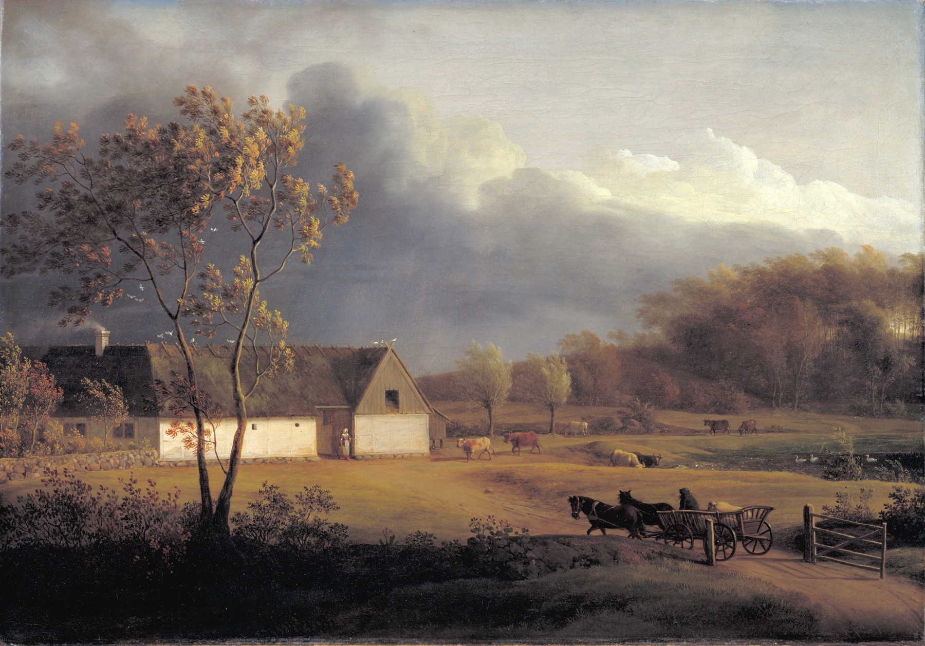 A Storm Brewing behind a Farmhouse in Zealand, by Jens Juel, public domain