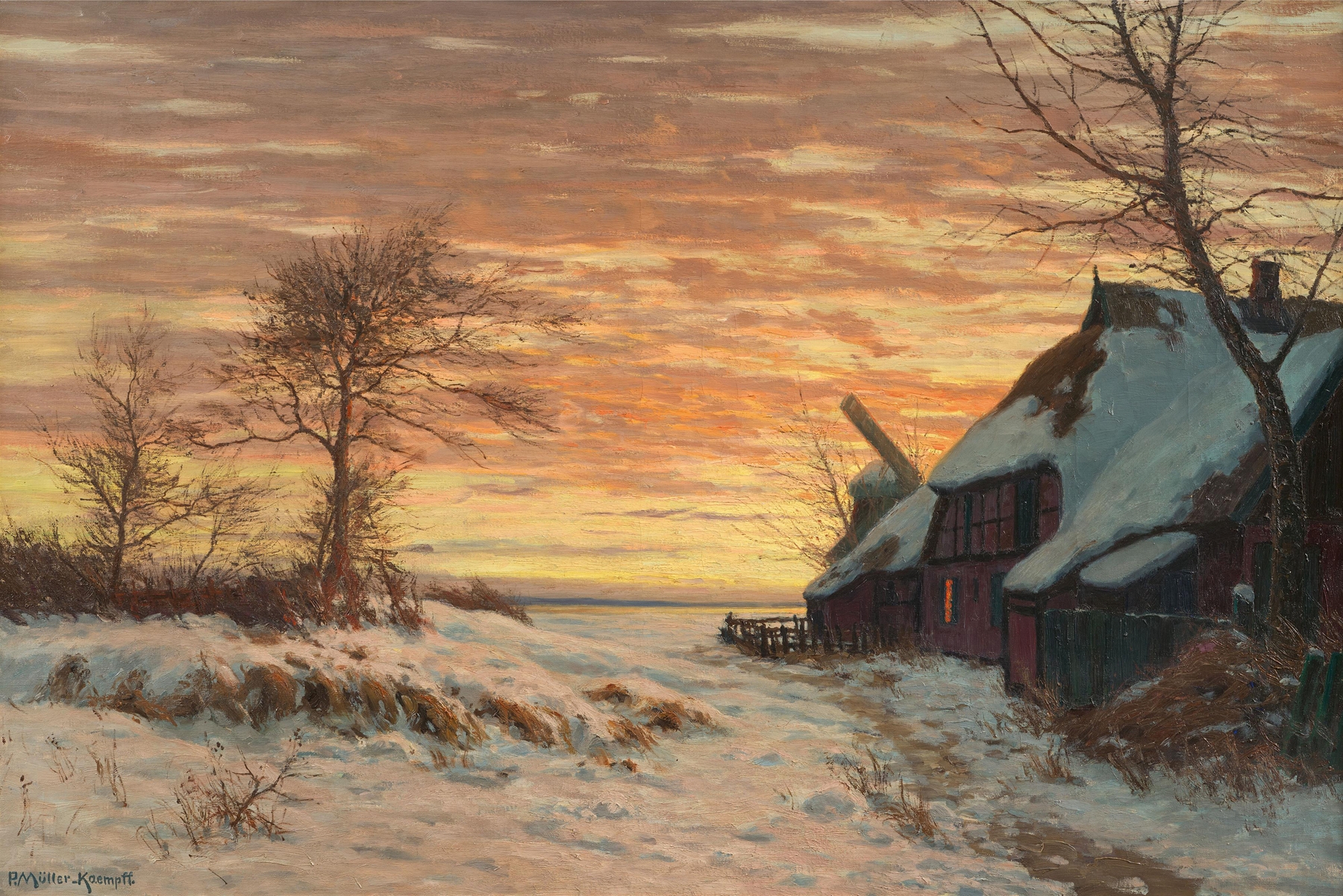 Winter landscape with farmhouse and mill by Paul Müller-Kaempff, oil painting