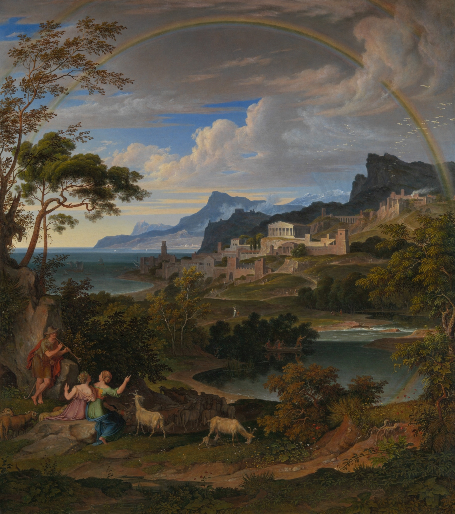 Heroic Landscape with Rainbow by Joseph Anton Koch, oil painting depicting mountains and a rainbow.