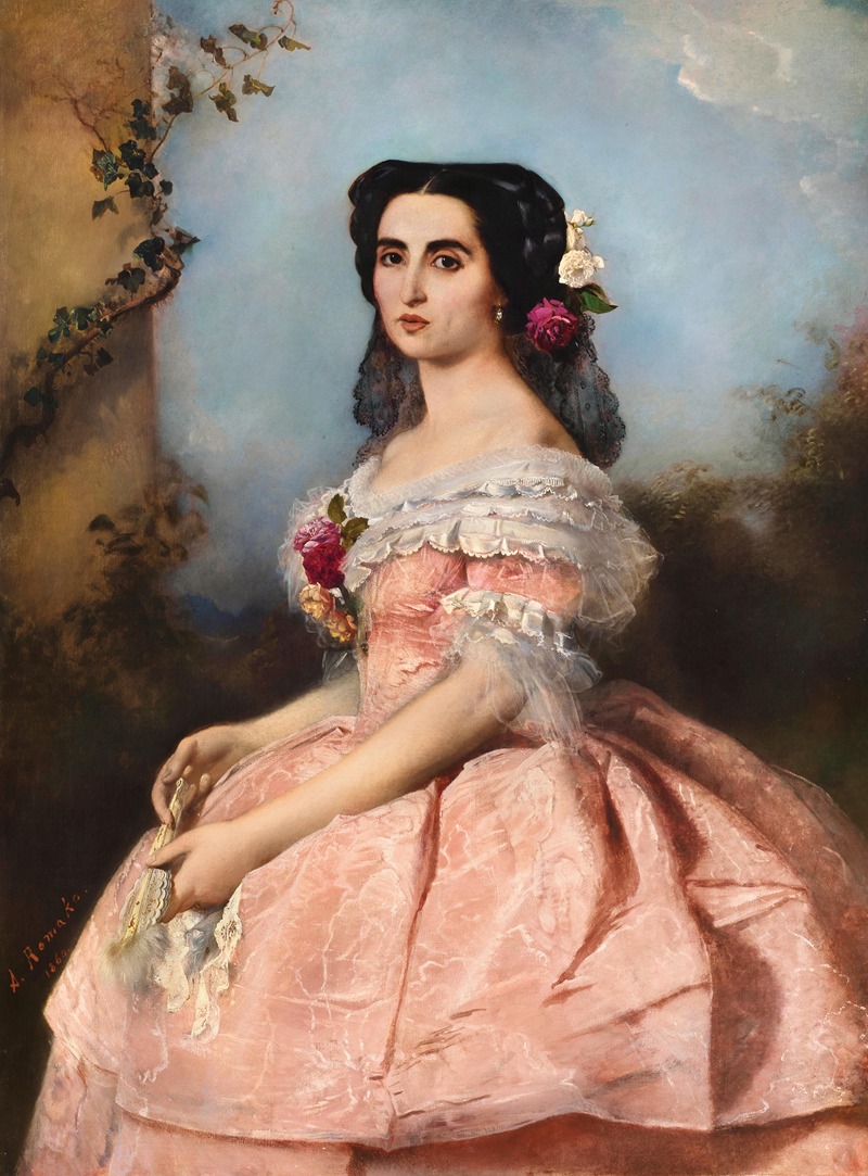 A portrait of an elegant lady in a pink dress by Anton Romako.
