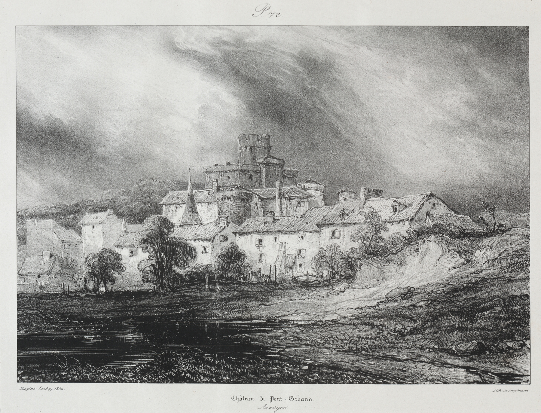 Château de Pont-Gibaud by Eugène Isabey, oil on canvas depicting a château surrounded by hills and nature.