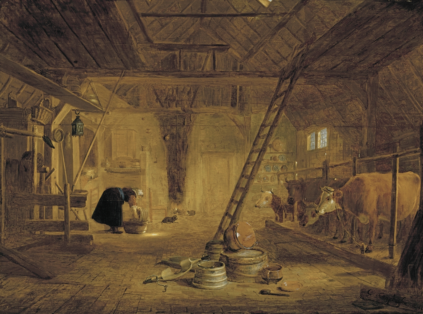 A barn interior with four cows and a milkmaid cleaning a pot, oil painting by Govert Dircksz Camphuysen