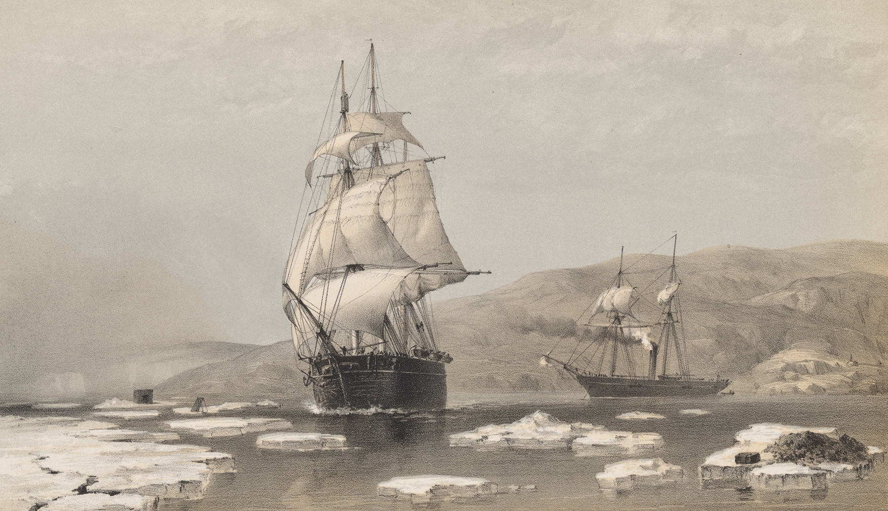 H.M.S. Assistance and Pioneer breaking out of Winter Quarters, oil on canvas by Walter William May