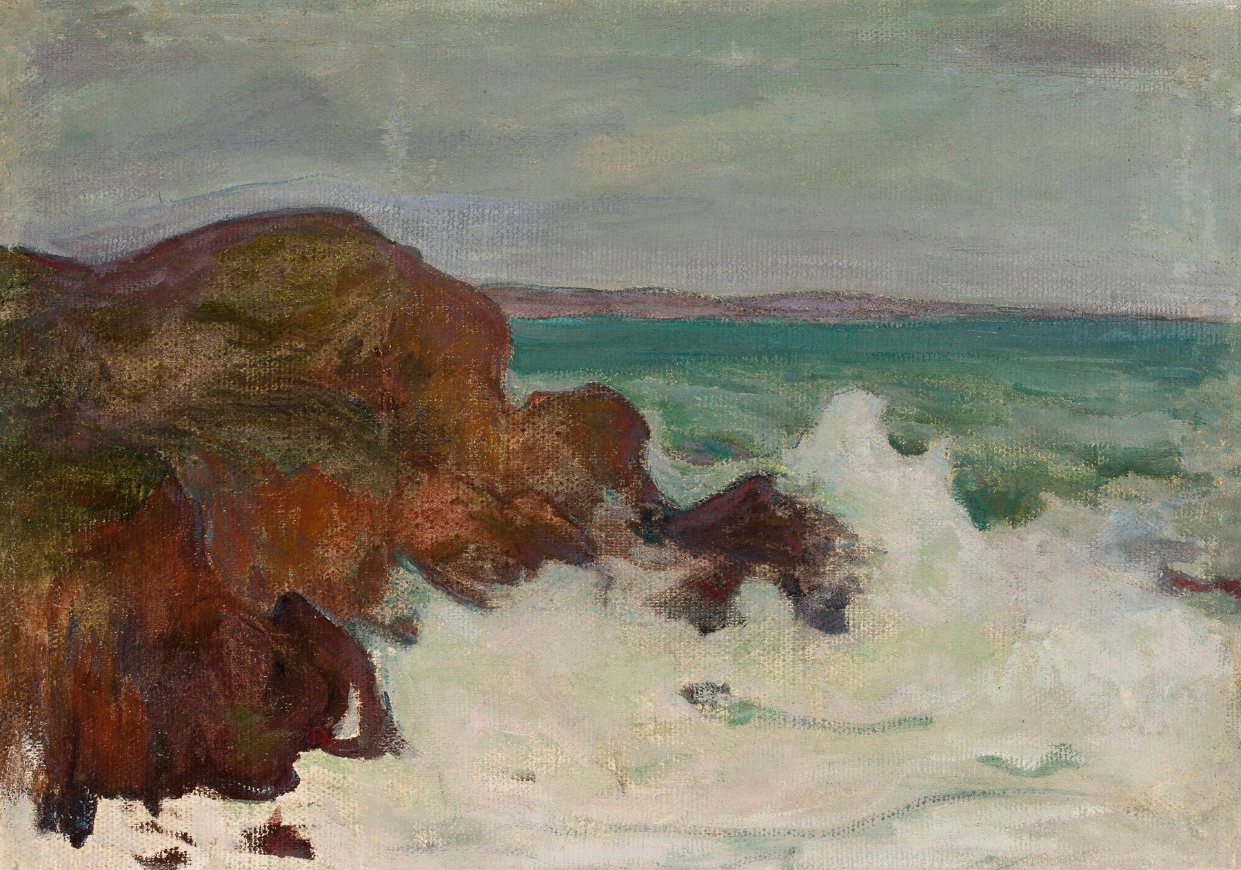 Waves in a rocky bay, oil on canvas by Władysław Ślewiński, depicting crashing waves against rocks.