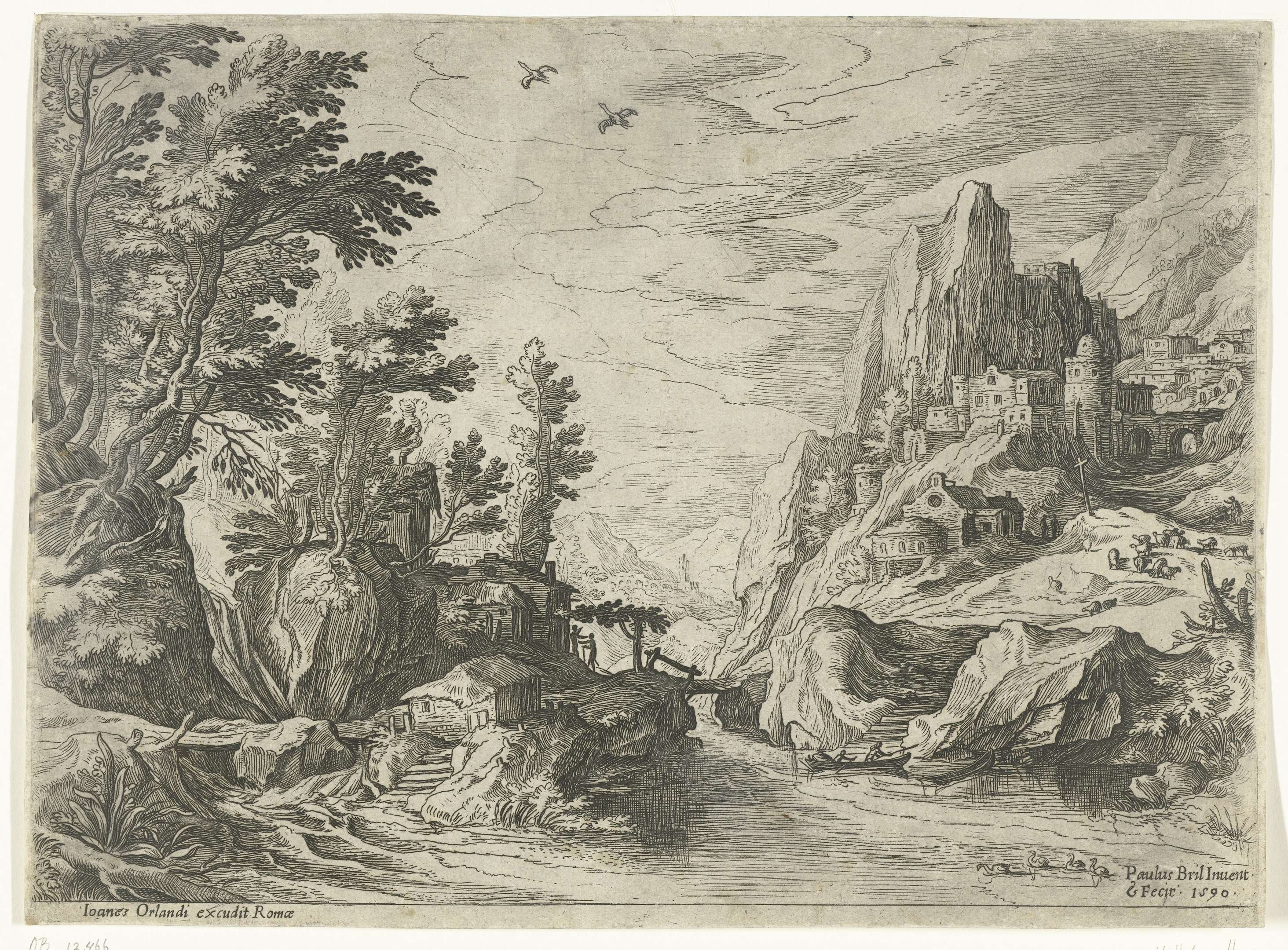 Rivierlandschap in Campania met stad op rots, by Paul Bril, public domain