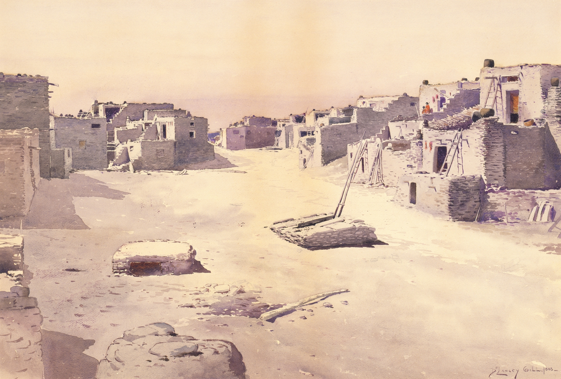 Street in the Pueblo of Oraibi, Tusayan, Arizona, watercolor on paper by De Lancey Gill