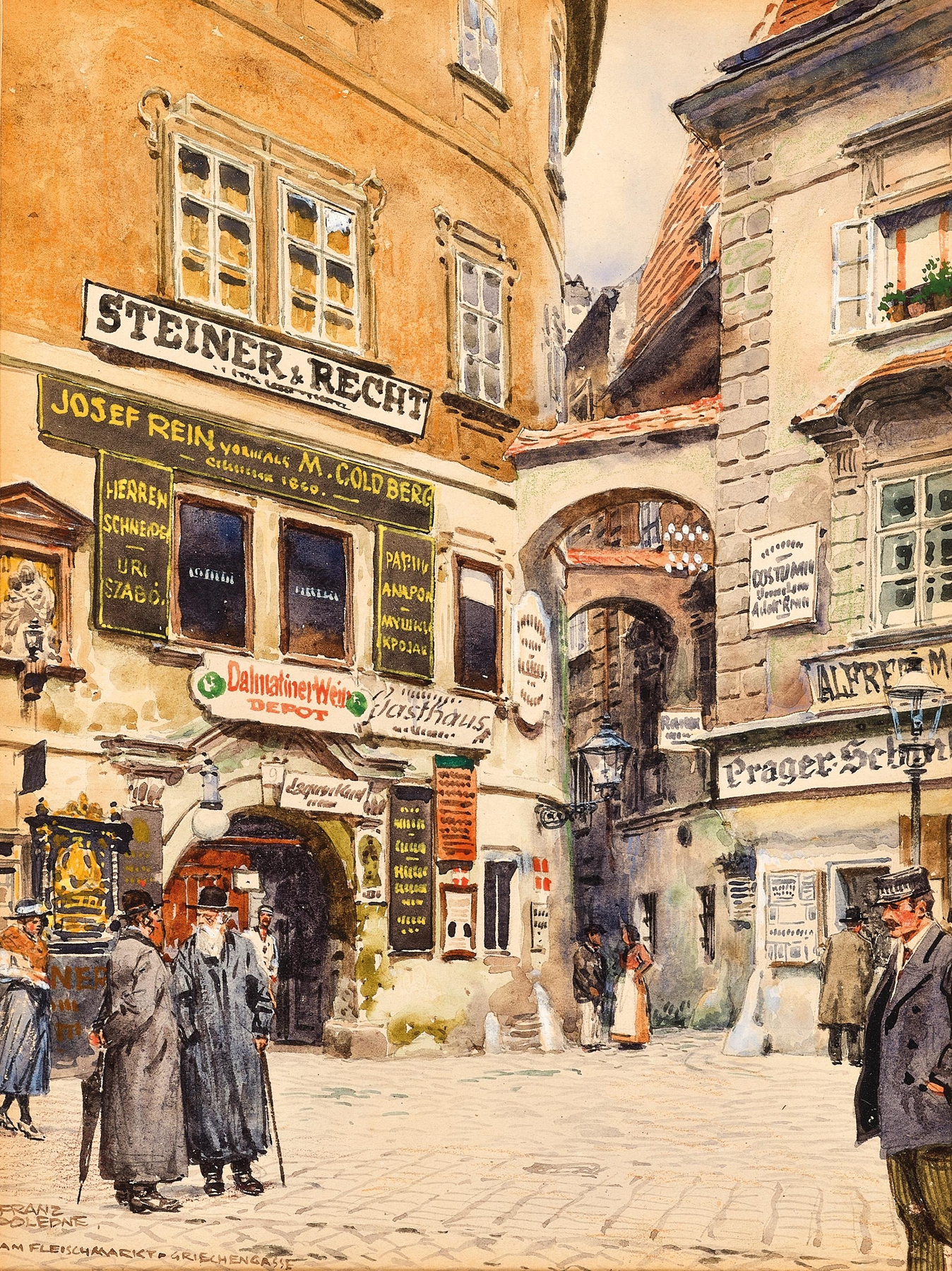 Genre scene depicting a bustling market in Vienna by Franz Poledne, oil on canvas