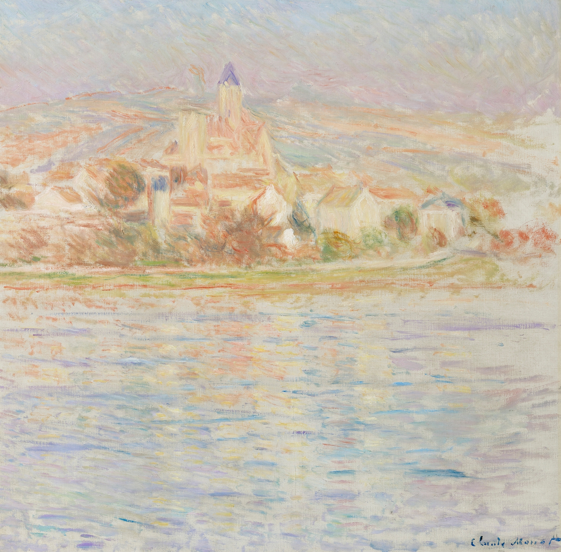 Vétheuil by Claude Monet, oil painting depicting a tranquil river at dawn.