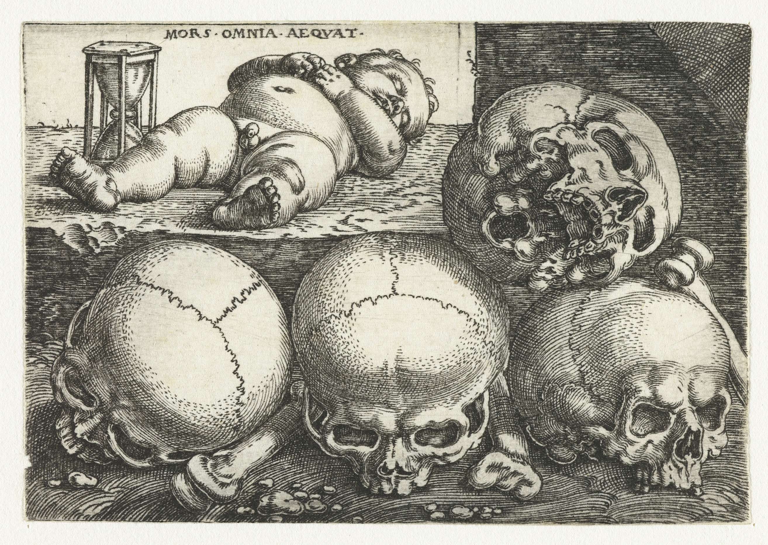 Slapend kind met zandloper en vier schedels, by Barthel Beham, public domain