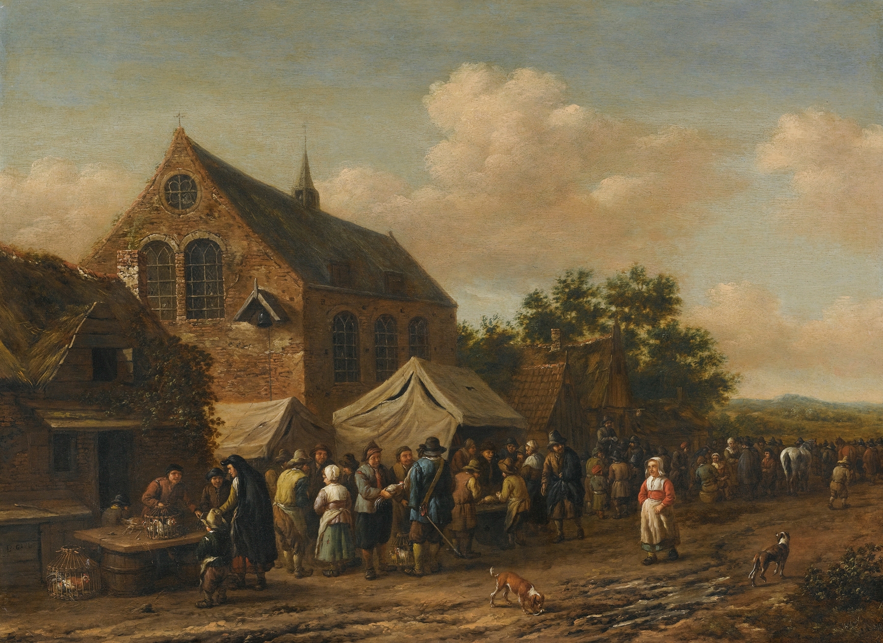 A Village Market Beside A Church, oil on canvas by Barent Gael, depicting a vibrant village scene.