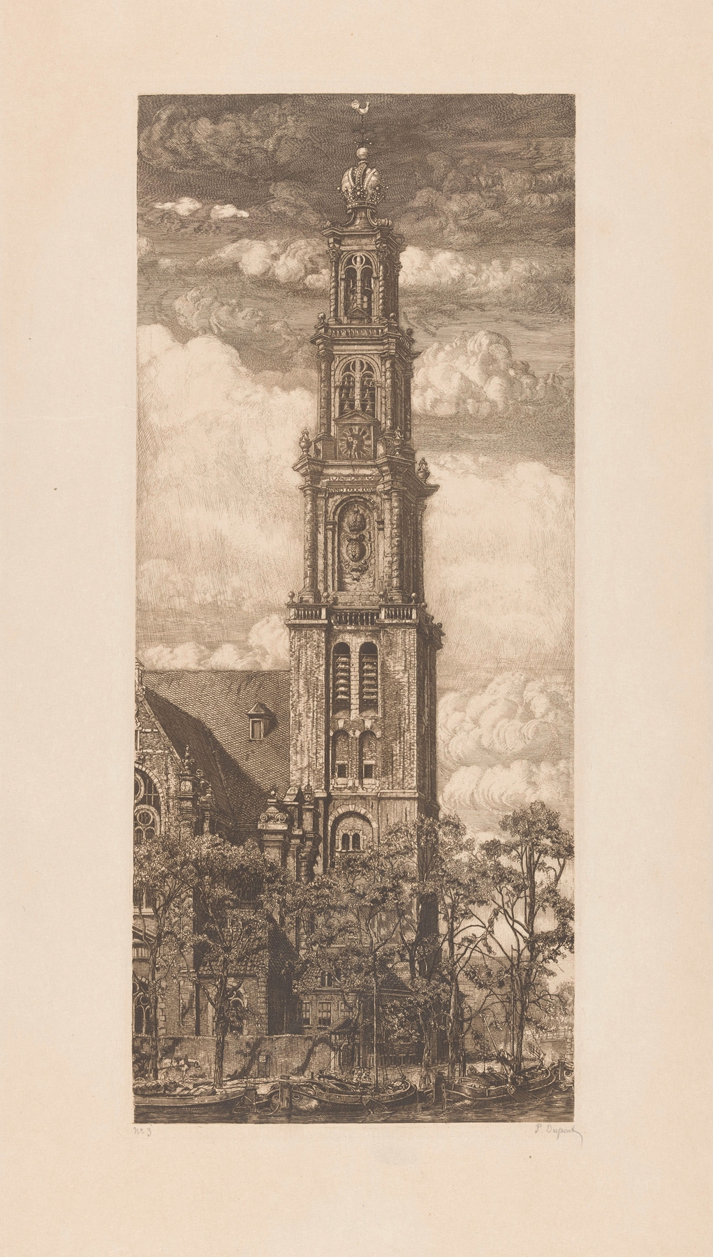 Westertoren in Amsterdam by Pieter Dupont, oil on canvas depicting a clock tower in a tranquil cityscape