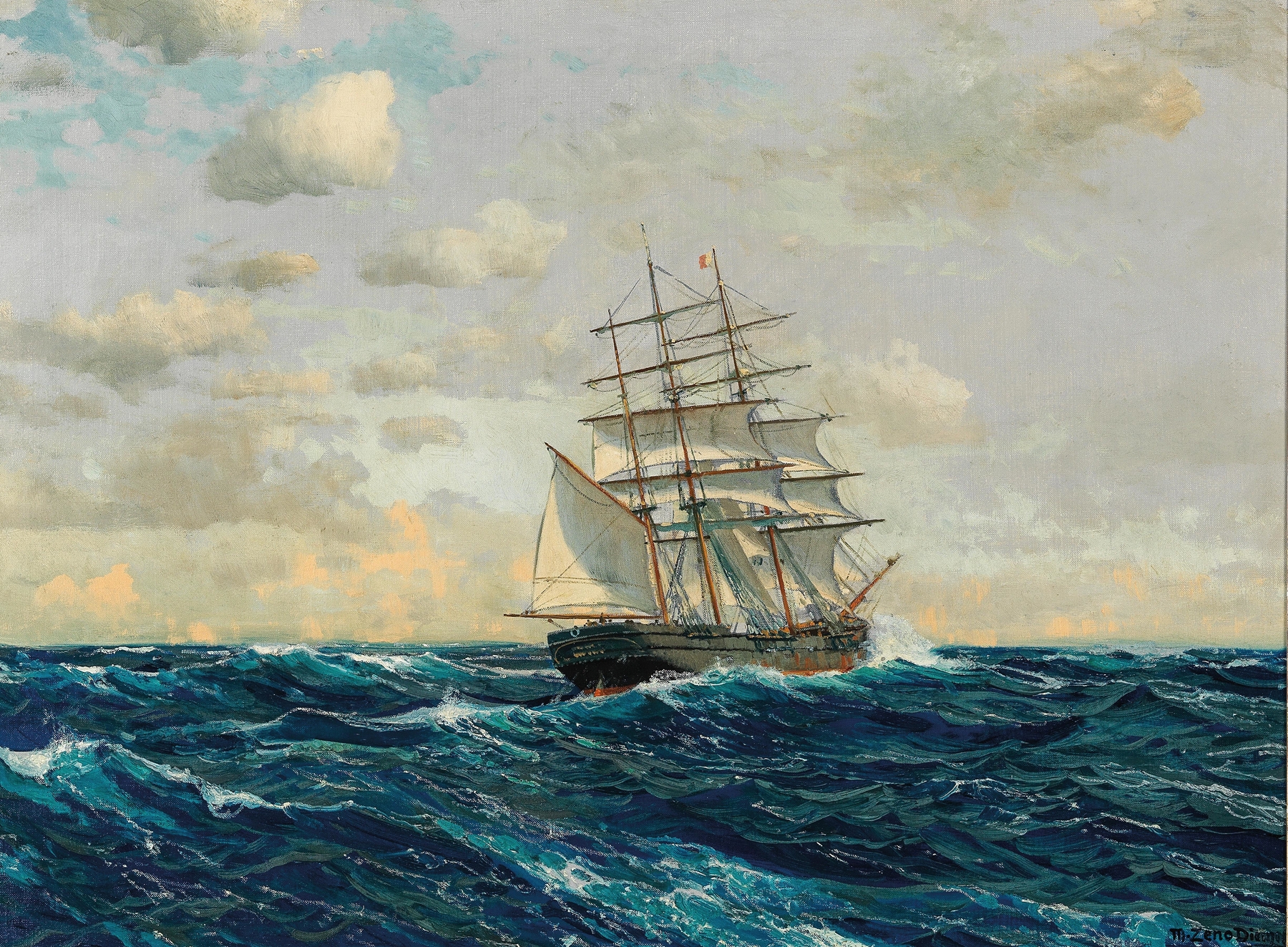 Three-Master on the High Seas by Michael Zeno Diemer, oil on canvas depicting a ship with billowing sails.