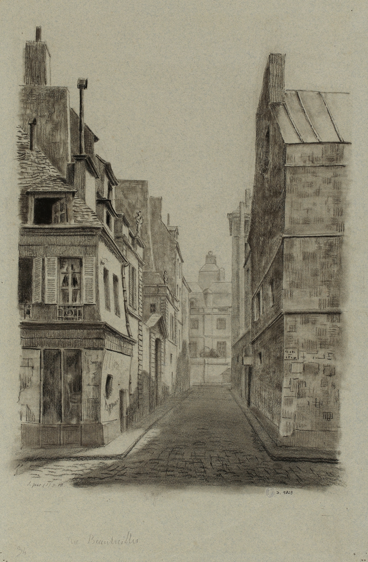 Urban landscape oil painting by Robert Frémont depicting Rue Beautreillis with cobblestone street and warm light.