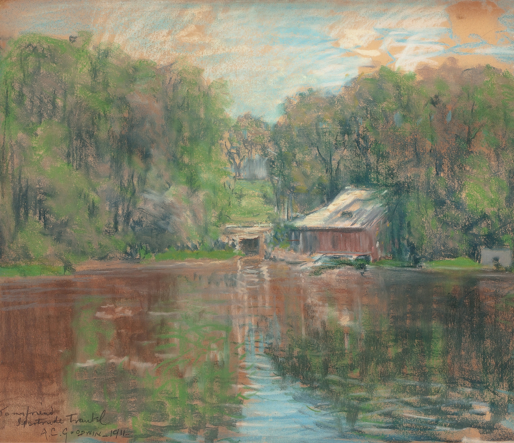 Boathouse by the Water, oil painting by Arthur Clifton Goodwin