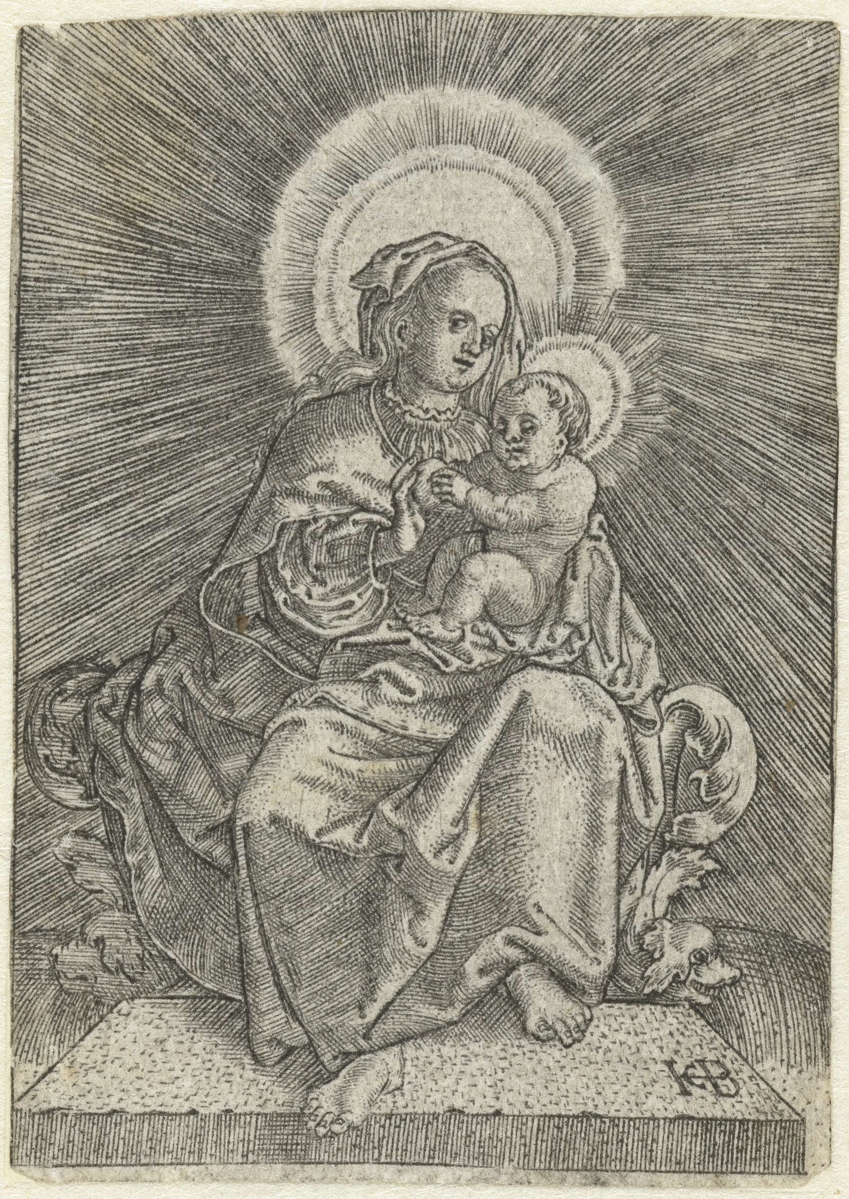Engraving by Jacob Binck depicting Mary with child and halo, radiating light