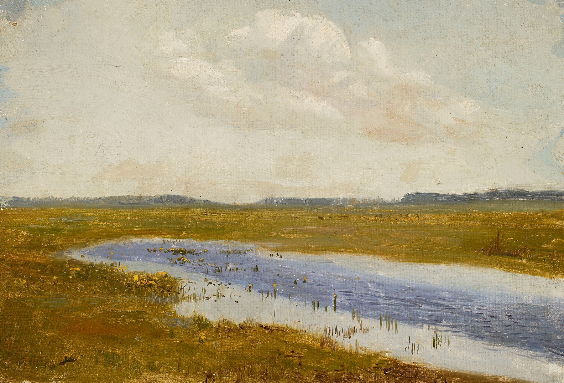 Landscape with marsh-marigolds, oil on canvas by Jozef Chelmonski