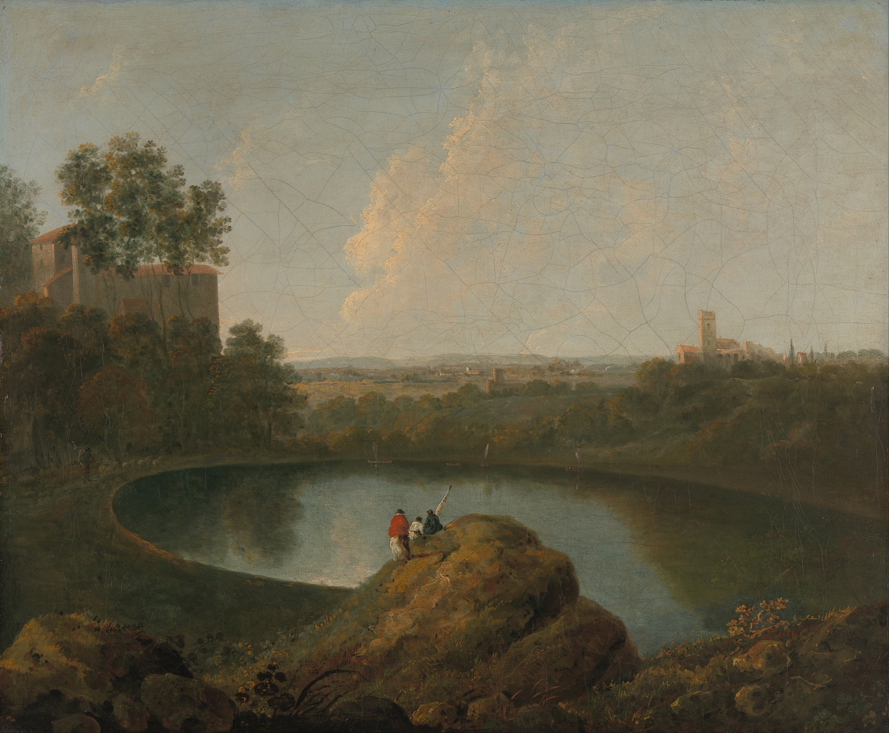 The Head of Lake Nemi by Richard Wilson, oil painting depicting a serene lake with trees and reflections.