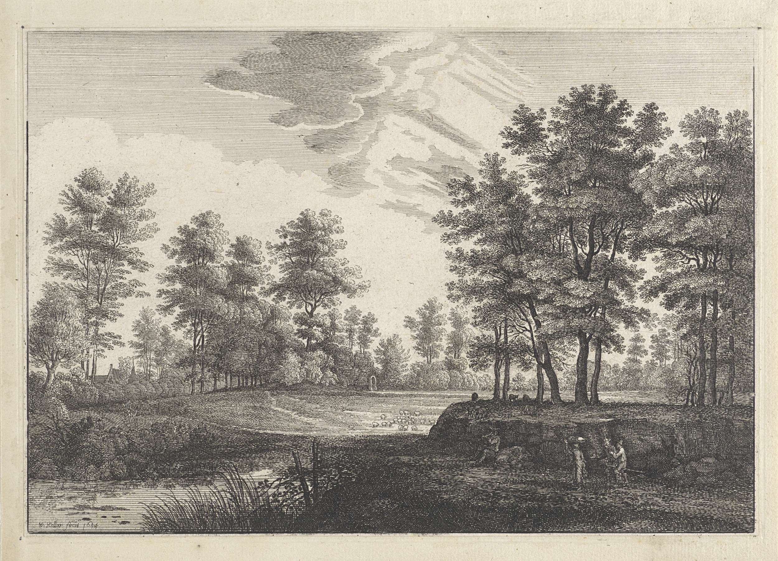 Landschap met figuren en een kudde schapen, etching by Wenceslaus Hollar depicting figures and sheep in a landscape.