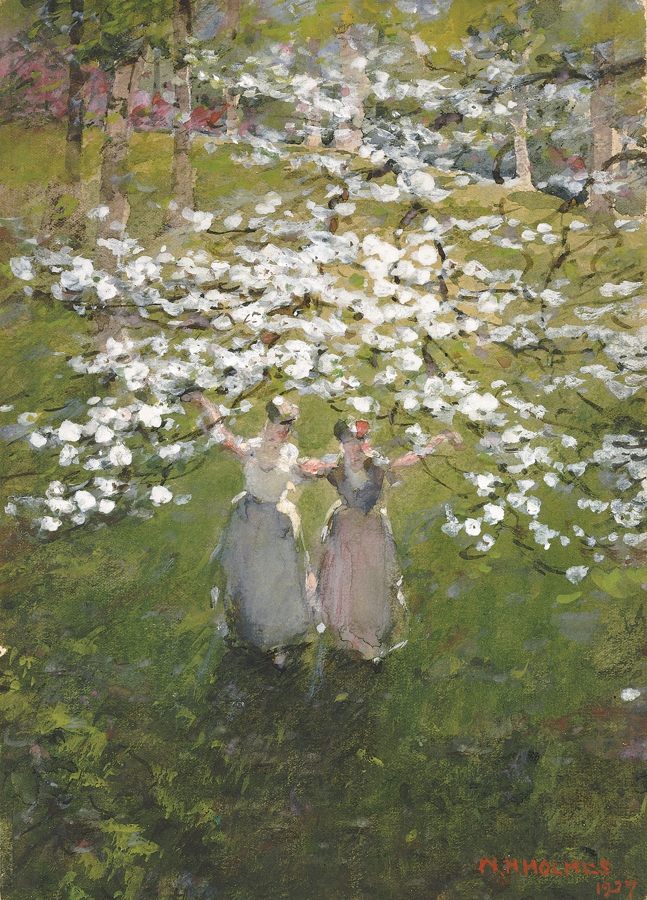 Watercolour by William Henry Holmes depicting vibrant blossoms