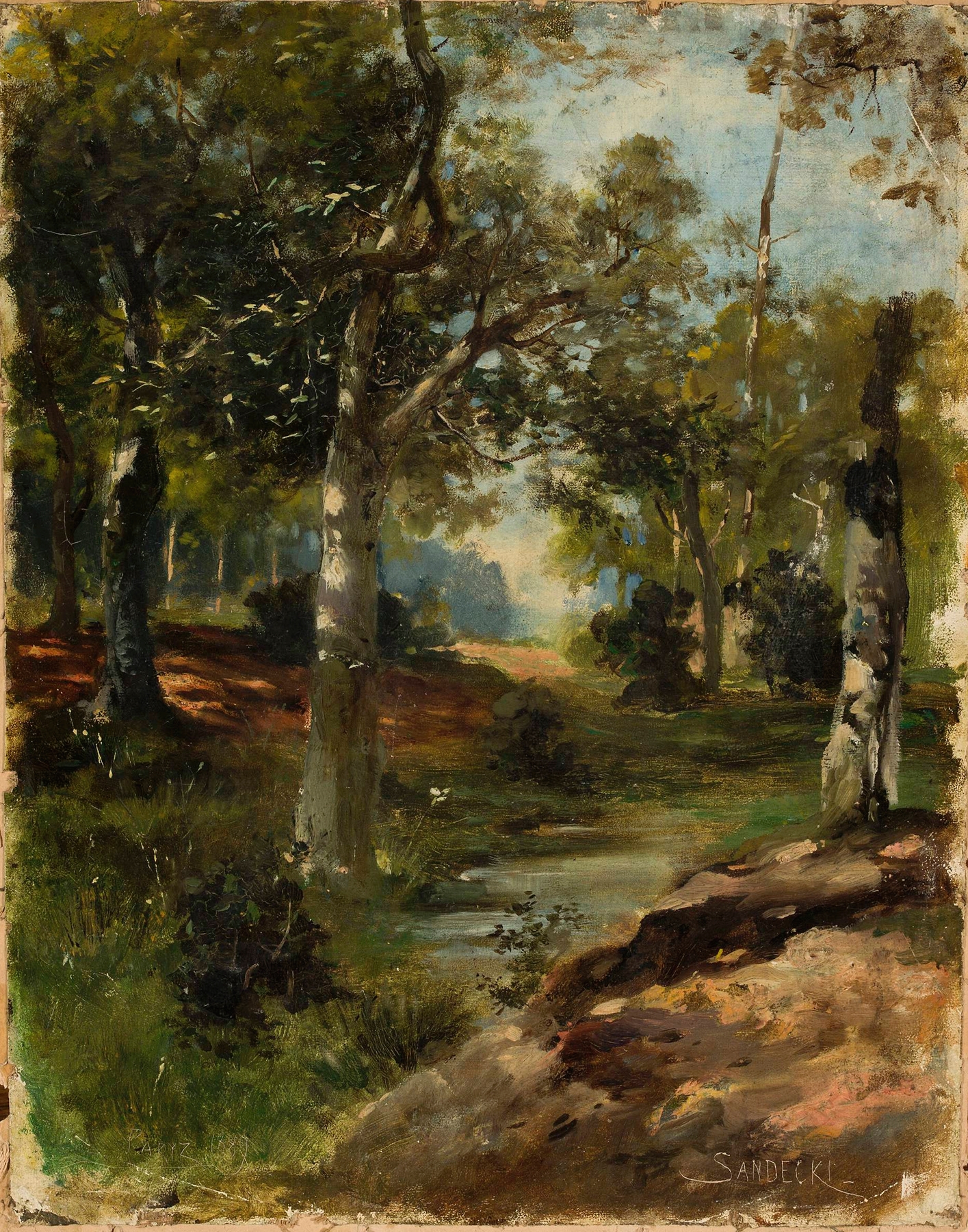 Landscape by Franciszek Władysław Sandecki, oil on canvas depicting a serene twilight scene.
