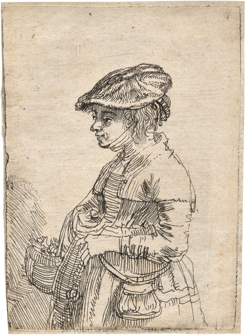 A young girl holding a basket, showcasing Rembrandt's skill in capturing everyday life.