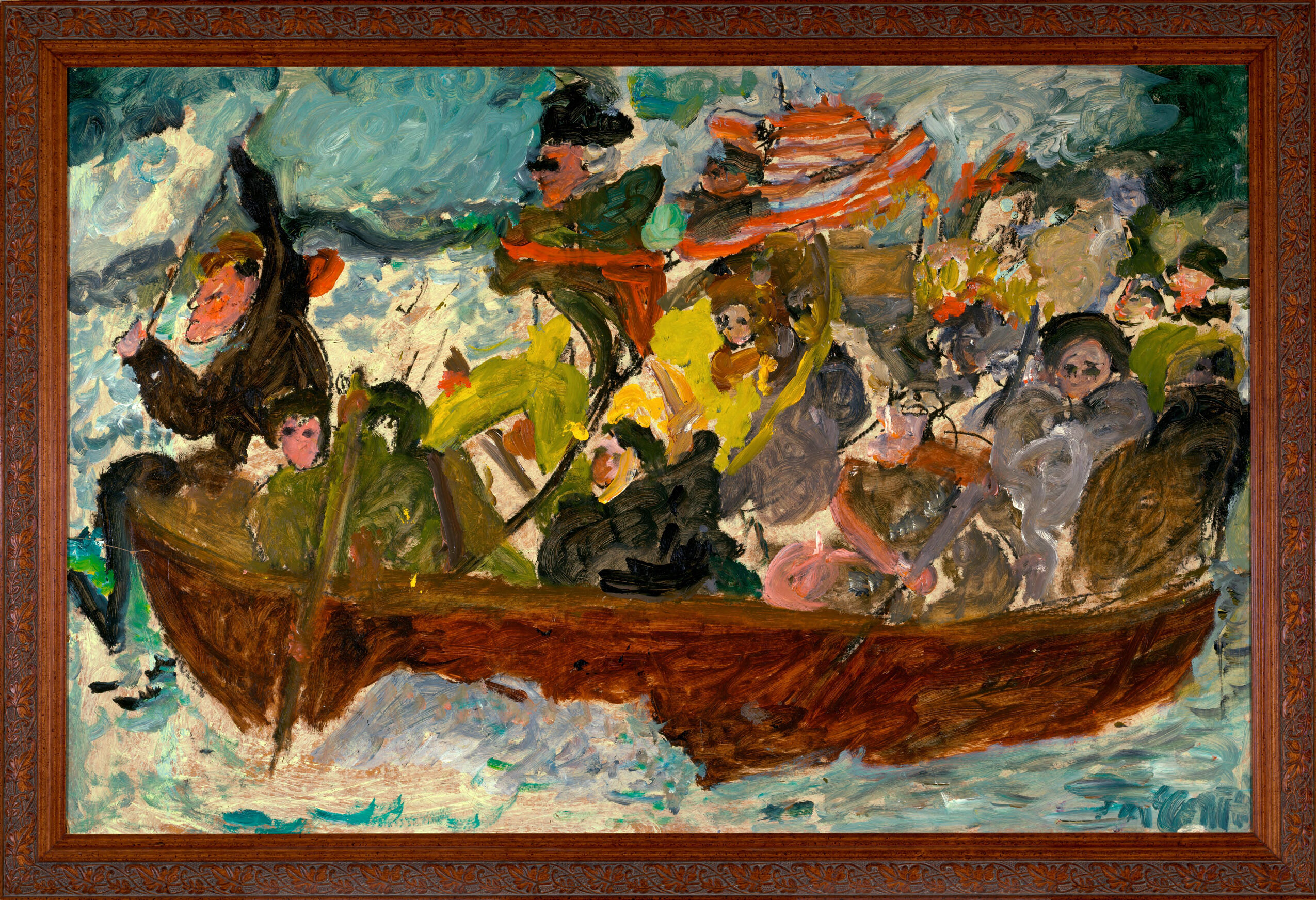 Historical oil painting by Justin McCarthy depicting soldiers crossing a river