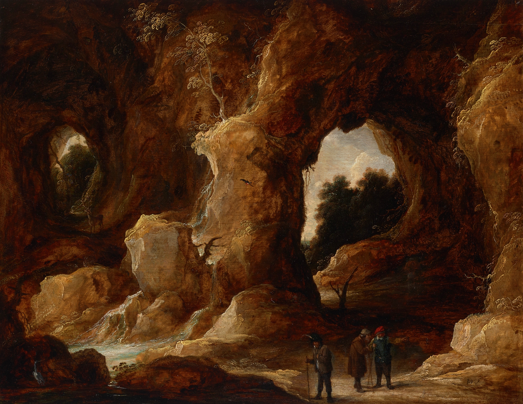 A grotto with figures, a stag and stork, by David Teniers the Younger, public domain